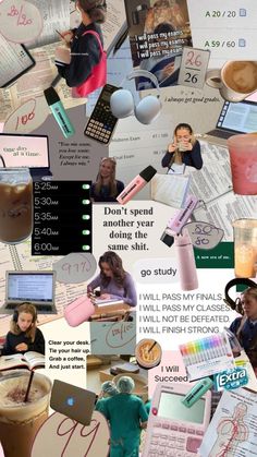 a collage of photos with people and things on the page, including coffee cups