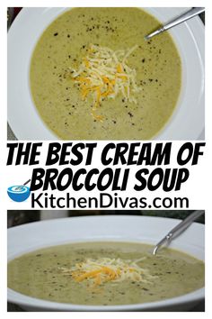 the best cream of broccoli soup is made in one bowl and has cheese on top