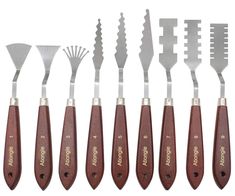 a set of tools with different types of knives and spoons in each tool holder