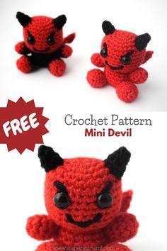 two different pictures of small red and black crocheted animals with the words mini teuff on them