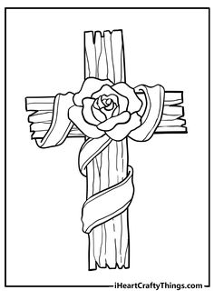 a cross with a rose on it coloring page