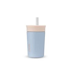 a blue cup with a straw sticking out of it