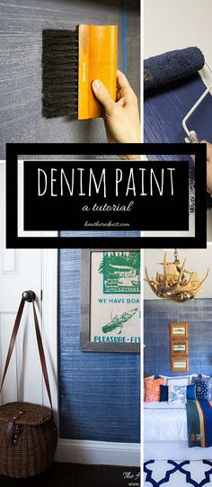 a collage of photos with the words denim paint on it and images of different items