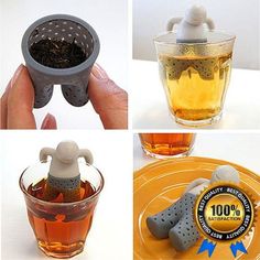 there are four different cups with tea in them and one is holding a cup strainer