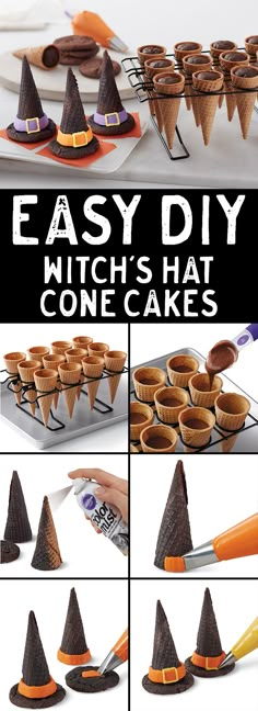 an easy diy witch hat cone cake is shown with instructions for how to make it