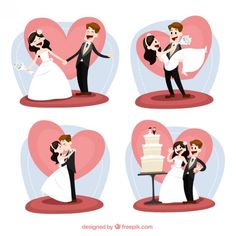 wedding couple in different poses holding each other and kissing on the same piece of cake