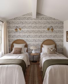 two twin beds in a bedroom with patterned wallpaper