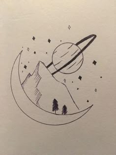 a drawing of the moon with trees on it and stars in the night sky above