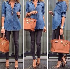 Mode Casual, Hermes Bags, 가을 패션, Chambray Shirt, Looks Style, Mode Inspiration, Fall Looks, Black Skinnies, Girly Girl