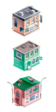 three different types of houses with green roofs and pink one - story house on top