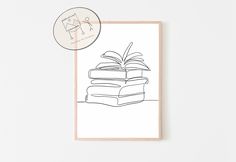 a black and white drawing of a stack of books