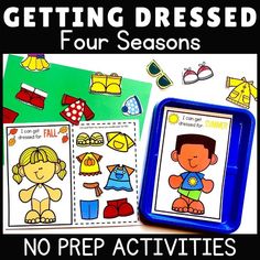 two pictures with the words getting dressed four seasons and no prep activities for kids to use