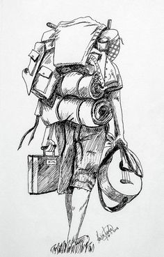 a black and white drawing of a person with a backpack on their back carrying luggage