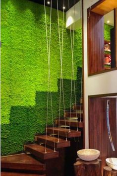 Living Wall Moss Tile Green 15 x 23 featured on the wall next to a stairs in solid wood and hanging cables. Distressed Subway Tile, Visual Merchandising Displays, Backsplash Bathroom, Glass Subway Tile, Merchandising Displays, Dream Room Inspiration, Dream House Interior