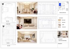 an architectural drawing shows the living room and dining area in one section, with several different views