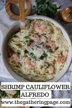 shrimp cauliflower alfredo in a bowl with parsley