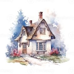 a watercolor painting of a house with flowers in the front yard and trees behind it