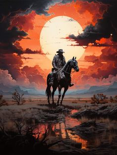 a man riding on the back of a horse across a river under a cloudy sky