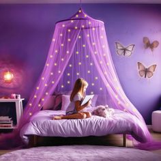 PRICES MAY VARY. Polyester GLOW IN THE DARK STARS! Light up your bedroom with our canopy bed curtains. Let unicorns absorb light, make room completely dark and enjoy the galaxy! PURPLE GIRLS ROOM DECOR! Our decorative canopies are designed with one overlapping opening for ease of entrance and provide a luxurious or cozy bedroom atmosphere. SETUP IN SECONDS! Free hanging kit included, hang the bed canopy in seconds with the adhesive ceiling hook. Our canopy size is 400 x 90 x 22 inch, weighs 0.9 Kids Purple Room, Kids Purple Bedroom, Unicorn Room Decor Kids Girls Bedroom, Disney Bedroom Decor, Girls Purple Bedroom, Unicorn Bedroom Ideas Kid Rooms, Girls Bedroom Purple, Purple Kids Bedroom, Purple Canopy