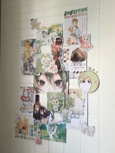 the wall is covered with many pictures and stickers