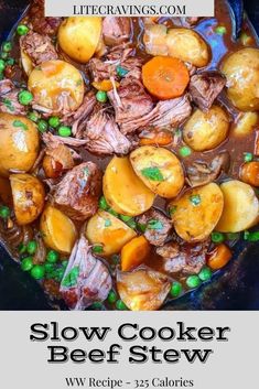 slow cooker beef stew recipe with peas and carrots in a blue crock pot