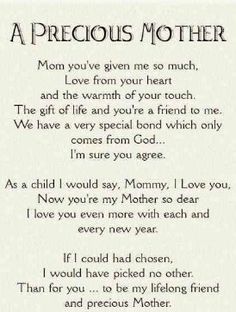 a poem written in white paper with the words,'a precious mother'on it