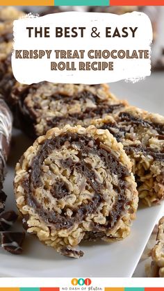 the best and easy krispy treat chocolate roll recipe on a white plate with text overlay