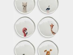 four plates with different animals on them in front of a white background and one has an orange bird, the other is a giraffe