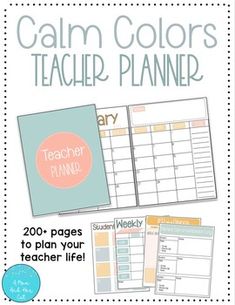 a teacher planner with the words calm colors, teacher planner on it and an image of a