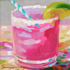 a painting of a pink drink with a lime on the rim and straw in it