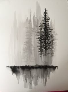 a black and white painting with trees on it