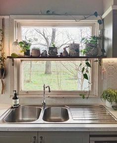 a kitchen sink under a window filled with plants