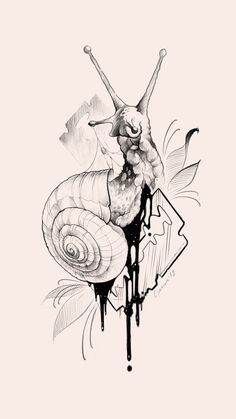 a black and white drawing of a snail