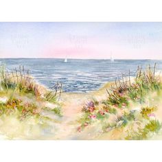 watercolor painting of beach scene with sailboats in the distance and sand dunes to the right