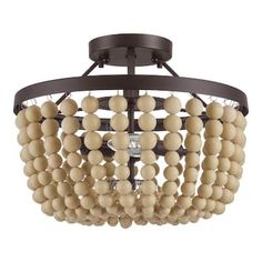 a chandelier with wooden balls hanging from it's metal frame and light fixture