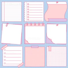 a set of note papers with clippings and paper pinned to them on a blue background