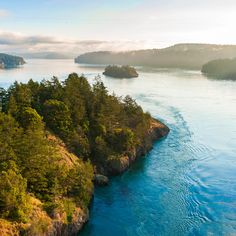 an island in the middle of water surrounded by trees