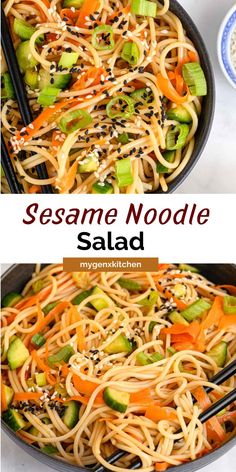 sesame noodle salad in a skillet with chopsticks on the side and an image of vegetables