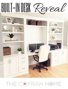 an office with built - in desk and white bookcases