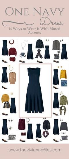 One Navy Dress in a Capsule Wardrobe: 14 Ways to Wear it With Muted Accents Downsize Closet, Dress Capsule Wardrobe, Navy Dress Outfits, Neutral Dress, The Vivienne Files, Vivienne Files, Mode Tips, Sunday Dress