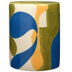 a ceramic vase with blue, yellow and green designs on it