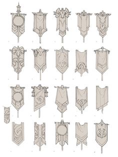 several different types of shields and swords, all drawn in one drawing technique by person