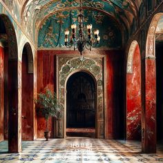 an ornately decorated hallway with chandelier and painted walls