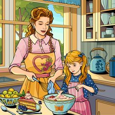 a mother and daughter cooking together in the kitchen with an adult coloring book behind them