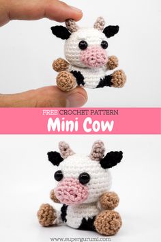 a hand holding a small crocheted cow in it's left side and the other