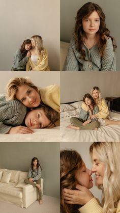 a collage of photos with two women and one child sitting on a couch, the woman is hugging her daughter's head