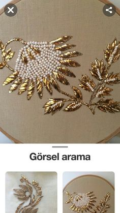 the instructions for how to make an embroidered wall hanging with gold leaf and pearl beads