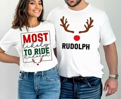 Are you looking for a funny Christmas shirt set for couples? This beautiful t-shirt set, with a trendy design, is meant to bring some fun into your life every time you will wear these tees, on Christmas eve and beyond. If you know a couple who would love to wear these trendy matching shirts for Christmas, this would make a great gift for them.  Check out more unique and funny designs in our shop, including more matching couple shirts: https://www.etsy.com/shop/AllTheHappyDesigns/ PRODUCT DETAILS AND SIZING Unisex T-Shirt. Please see the last pictures for measurements. Light fabric (4.2 oz/yd² (142 g/m Retail fit Tear away label Runs true to size, but it has a more relaxed fit. If you want a tight fitted look you should consider sizing down or if you'd like a larger look (similar to a dress Couples Christmas Tshirts, Couples Christmas Shirts Funny, His And Hers Christmas Shirts, Couple Tshirts Funny, Most Likely To Shirts, Couples Christmas Shirts, Cricut Clothing, Christmas Shirts Funny, 2025 Ideas