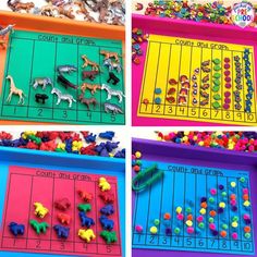 four pictures showing different types of toys and numbers on a table with plastic trays