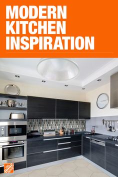 the modern kitchen is displayed in an orange and white advertismment for home improvement